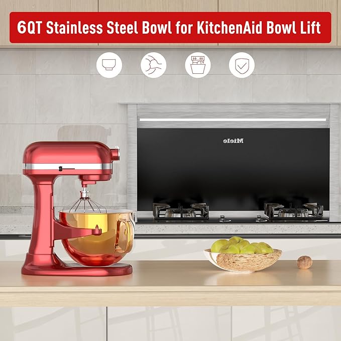 6QT Stainless Steel Mixer Bowl for Kitchenaid Stand Mixers, Kitchen Aid Mixing Bowl for 6QT Lift Mixer with Handle Copper