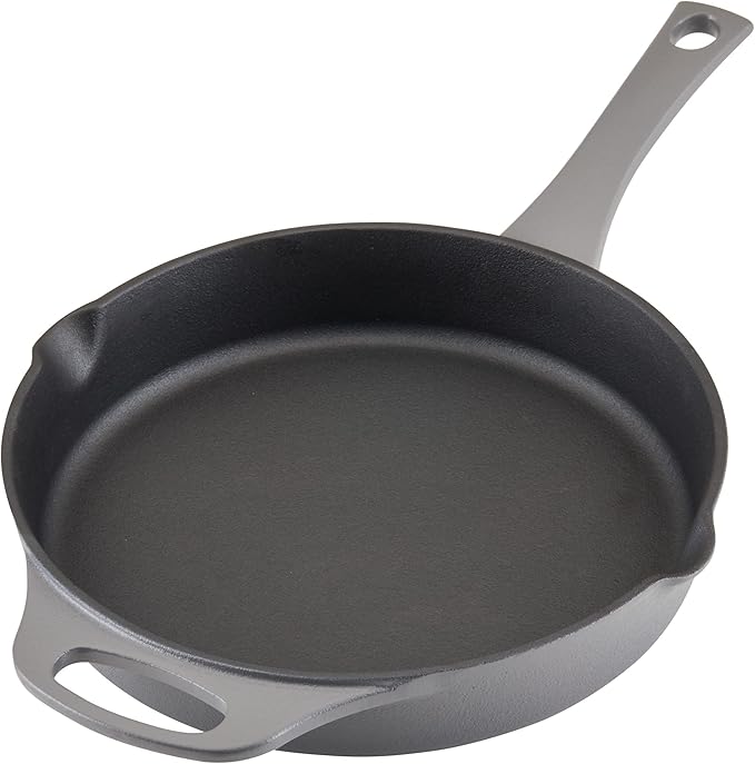 Rachael Ray NITRO Cast Iron Frying Pan/Skillet with Helper Handle and Pour Spouts, 10 Inch, Gray