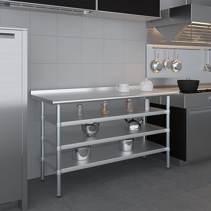 AmGood Stainless Steel Work Table with 1.5" Backsplash and 3 Shelves | Metal Kitchen Food Prep Table | NSF (60" Long x 24" Deep)