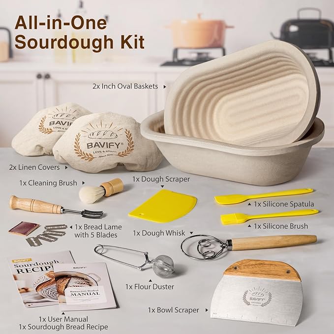 Sourdough Starter Kit, 11" Oval Wood Pulp Banneton Bread Proofing Baskets Set, Sourdough Bread Baking Supplies Making Tools with Dough Scraper, Whisk, Bread Lame, Recipe