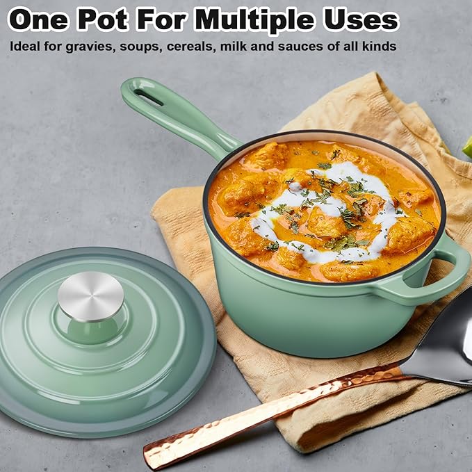 1 Qt & 2 Qt Saucepan Set, Leonyo Enameled Cast Iron Sauce Pan, Cast Iron Dutch Oven Kitchen Small Pots for All Cooktops Cooking Pasta, Milk, Oatmeal - Up to 500°F, Pistachio Green