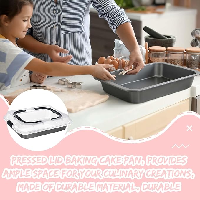 Qinyoung 2 Pcs Cake Baking Pan with Lid and Handle, 9 x 13 Inch Non-stick Rectangle Sheet Cake Pan Carrier for Brownie Roasting Cooking Baking (Black Gray)