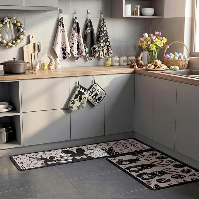 10 Pcs Easter Kitchen Decor Set Easter Kitchen Towels Oven Mitts and Pot Holder Spring Bunny Eggs Flowers Rugs and Mats Black Rabbit Gloves Potholders for Farmhouse Rustic Baking Cooking BBQ