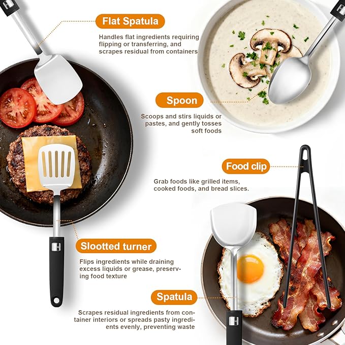 46Pcs Cooking Utensils Set - 18/10 Stainless Steel Kitchen Utensils Set, Complete Tools with Metal Kitchen Gadgets, Dishwasher Safe Spatula Set for Beginner Cooks, Apartment Dwellers, Homemakers