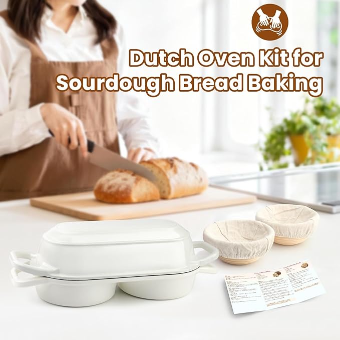 YONILL Mini Double Dutch Oven for Sourdough Bread Baking - Enameled Cast Iron Dutch Oven Pot with Lid and 5" Banneton Bread Proofing Basket Kit, Dual Round Bread Loaf Pan for Homemade Baking (White)