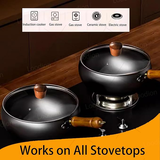 Uncoated Thick Iron Pot - Unenameled Cast Iron Casserole, Handmade Hammered & Large Belly with Lid for Baking, Cooking, Stewing (26CM/10.24IN,without Lid)