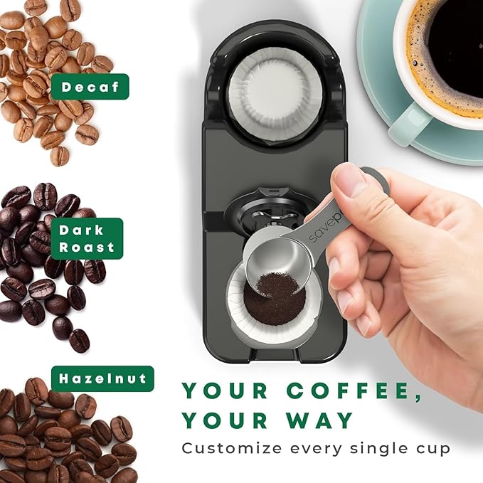Savepod Coffee Pod Maker – Lite Reusable Pod Maker Kit Includes Universal Ring, Stainless Steel Scoop, 50 Compostable Filters & Manual PodMaker for Keurig Coffee Maker, Easy Daily Coffee Refill