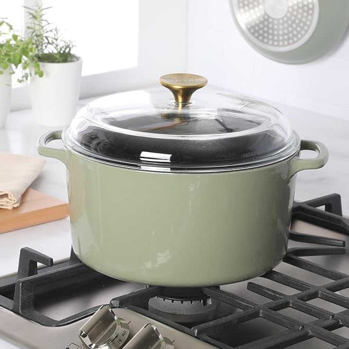 Sur La Table Kitchen Essential Supper Club 5-Quart Enamel-Coated Cast Iron Dutch Oven Pot with Oven Safe Glass Lid, Oven-to-Table Cookware for Bread, Soups, Stews & Braising - Juniper Green