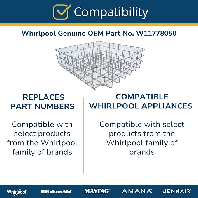Whirlpool W11778050 Genuine OEM Dishwasher Lower Dishrack Assembly Replacement Part - Replaces W11773654, W11527890, WPW10525642, WPW10525643, and more
