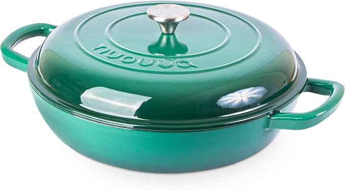 Shallow Cast Iron Casserole with Lid – Non Stick Dutch Oven Pot, Oven Safe up to 500° F – Sturdy Ovenproof Stockpot Cookware – Enamelled Cooking Pot – Dark Green, 5-Quart, 32cm – by Nuovva