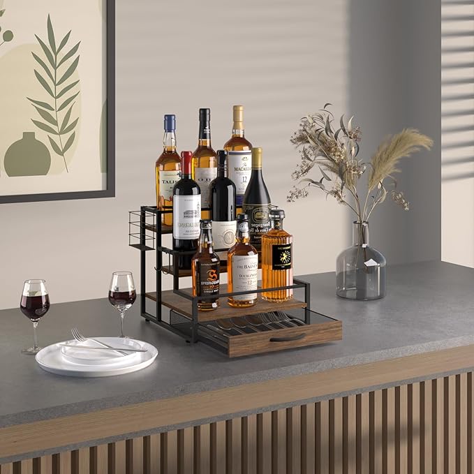 Countertop Coffee Syrup Rack Organizer, 4-Tier Wooden Holder Stand with 36 K Cup Storage Drawer for Coffee Bar Accessories,Condiment Storage Shelves for Kitchen,Home,Office,Restaurant