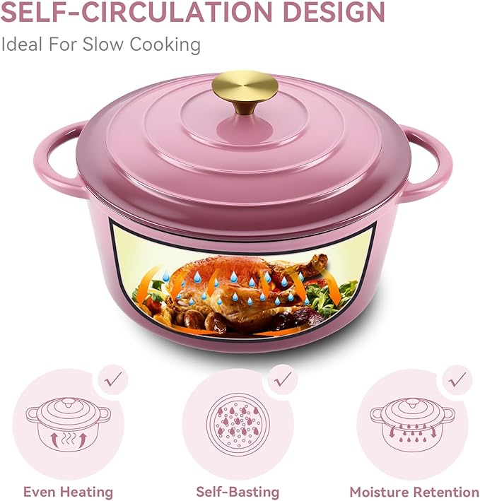Miereirl 4.5 Quart Enameled Dutch Oven Pot with Lid, Cast Iron Dutch Oven with Dual Handles for Bread Baking, Cooking, Non-stick Enamel Coated Cookware, Rose