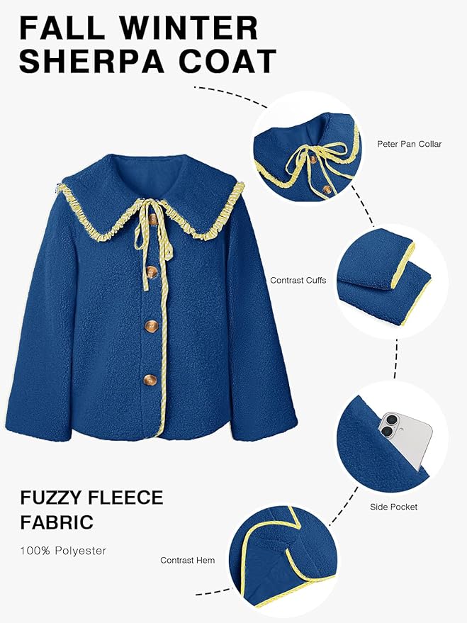 Tankaneo Womens Fuzzy Fleece Jacket Peter Pan Collar Button Down Fall Winter Sherpa Coats Colorblock Cute Warm Outerwear