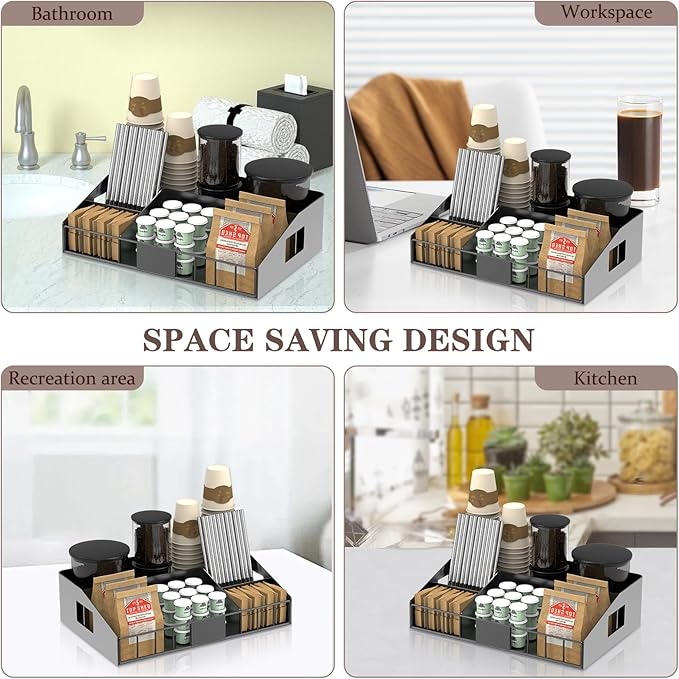 Metal Coffee Station Organizer for Countertop - Coffee Bar Organizer with Designable DIY Logo, K Cup Pods Holder & Tea Condiment Storage - Rustic Breakroom Kitchen Decor in Balck (1 Pcs)