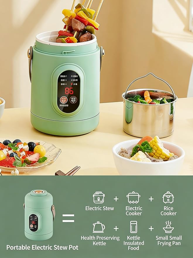 Multifunctional Health Pot, 500W Portable Mini Electric Cooker with Ceramic Glaze Inner & Steamer, Small Slow Cooker with 12-Hour Reservation, for Porridge, Rice, Soup & Steaming (800ml-Green)