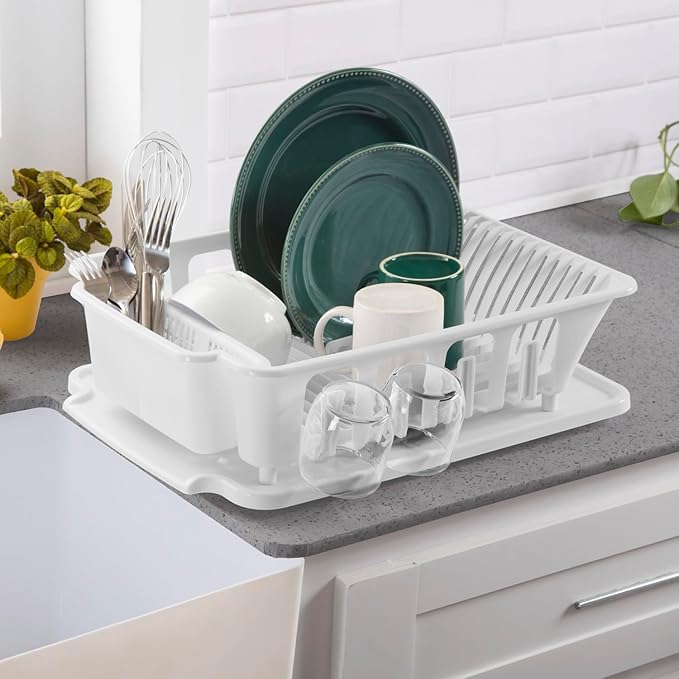 Sterilite Large 2 Piece Sink Set, with Drainboard for Drying, Holds Clean Dishes in the Kitchen such as Plates, Cups, and Silverware, White, 6-Pack