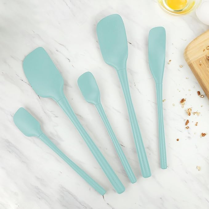 Tovolo Flex Core 5 Piece Silicone Spatula Set Heat Resistant All Silicone Utensils Include Non Stick Spatula Spoonula Jar Scraper, Dishwasher Safe Spatulas for Baking Mixing, Aqua Seafoam Green