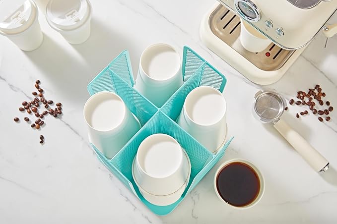 Annova Paper/Plastic Cup and Lid Holder Plastic Storage Organizer, 360°Rotating Coffee Mup Dispenser with 4 Compartments, Multifunctional Storage Rack for Home, Office, Bar, Coffee Shop (Turquoise)