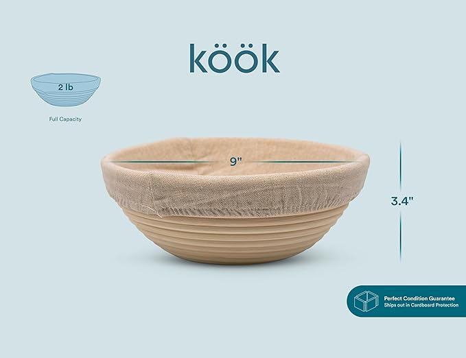 Kook Banneton Bread Proofing Set, Artisan Sourdough Bread Making Kit, 9 Inch Handwoven Rattan Baskets and Liners, Metal & Plastic Dough Scrapers, Scoring Lame & Case, 4 Extra Blades, Set of 2, Round