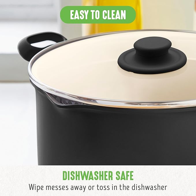 GreenLife 6QT Ceramic Nonstick Stockpot with Glass Straining Lid, PFAS-Free, Dishwasher Safe, Stay-Cool Handles, Oven Safe to 350°F, Wobble-Free Base, Even Heating, Black