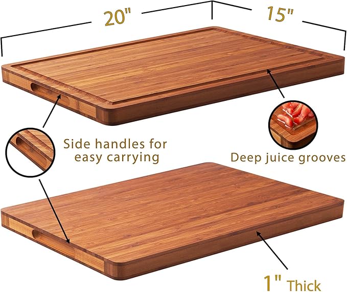 XL Cutting Board for Kitchen, 20x15" Extra Large, 1" Thick Bamboo Wood Butcher Chopping Block, Cheese Board, Durable Reversible with Juice Grooves and Handles