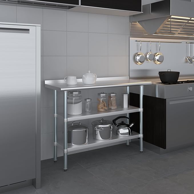 AmGood Stainless Steel Work Table with 1.5" Backsplash and 2 Shelves | NSF (48" Long x 18" Deep)
