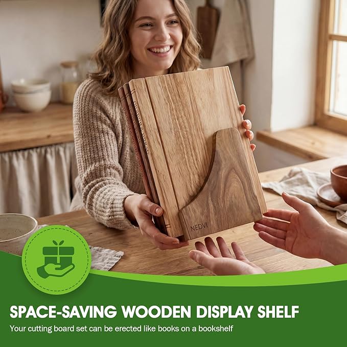 NEDVI Book-Shaped Cutting Board Set with Wooden Stand – Wooden Chopping Boards for Kitchen, Ideal for Vegetables, Cheese, & Meat – Unique Gift Set for Home Cooks & Kitchen Decor