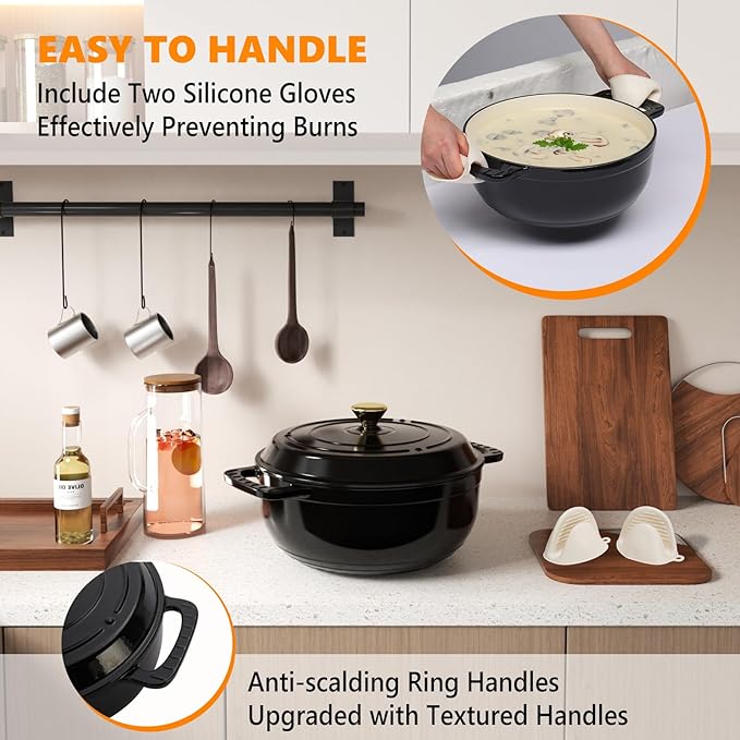 Bonnlo 6QT Round Dutch Oven, Enameled Cast Iron Dutch Oven Pot with Lid & Dual Handles, Oven Safe Up to 500° F, for Sourdough, Bread Baking, Stews and Roasting (Black)