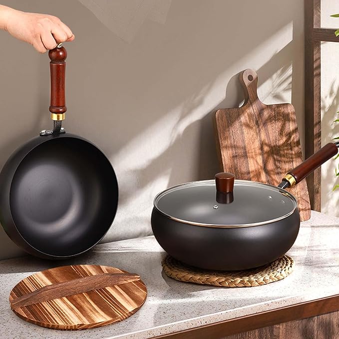 Uncoated Thick Iron Pot, Japanese Uncoating Cast Iron Pot, IronPot Pro, Multifunctional Non-Stick Cast Irons Wok with Lid, High Purity Irons Frying Pan for Cooking (Hammer-Glass Cover, M-9.5 in)