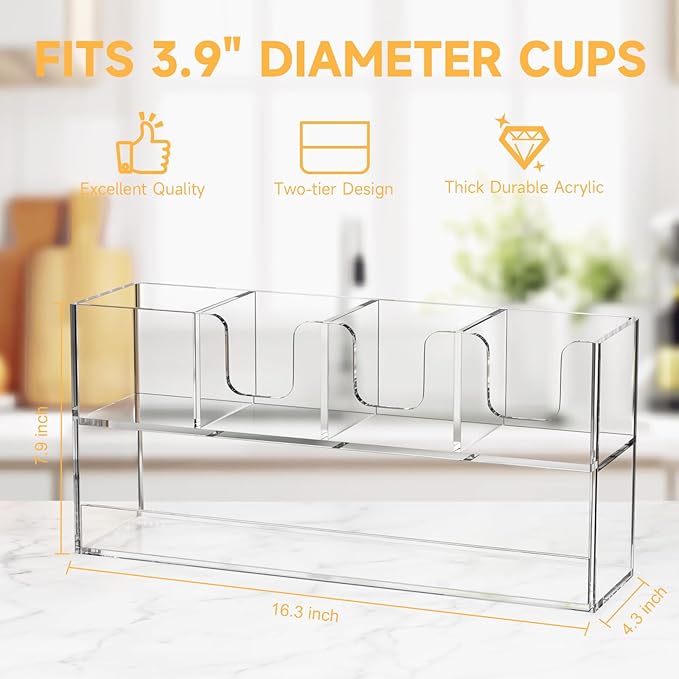 Coffee Condiment and Cup Organizer - 2-Tier Upright Cup and Lid Holder with Straw Organizer 5 Compartments Clear Acrylic Cup Dispenser for Restaurant Breakroom Coffee Station Countertop