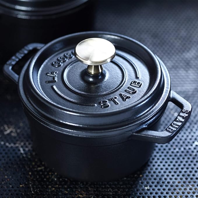 STAUB Cast Iron Dutch Oven 0.75-qt Round Cocotte, Made in France, Serves 1, Matte Black