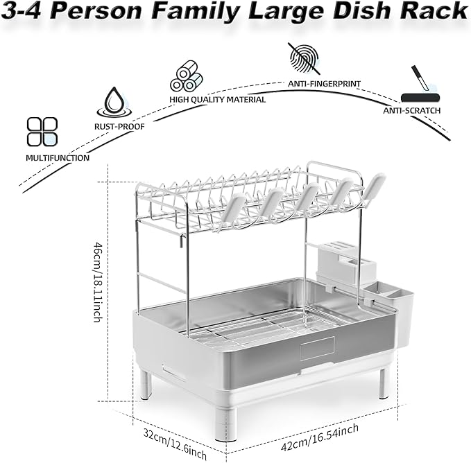 Ewaiira Large Dish Drying Rack, 304 Stainless Steel Dish Racks for Kitchen Counter, Automatic Drainage Spout, Rustproof Kitchen Dish Drainers with Drainboard, Utensil Holder & Glass Holder, White