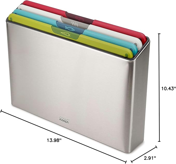 Joseph Joseph Folio Icon 4-Piece Multi Colour coded Cutting Board Set, Stainless Steel Slimline case for organized Kitchen storage, Silver