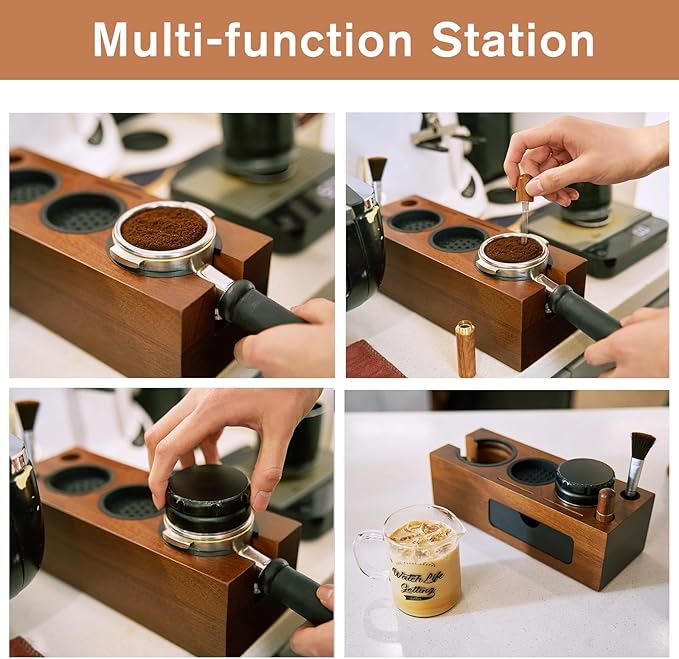 Espresso Tamping Station - 8 in 1 Espresso Coffee Organizer for Storage 51/53/54/58MM Espresso Tamper, Distributor, Portafilter & Puck Screen Accessories, Wooden Tamper Station