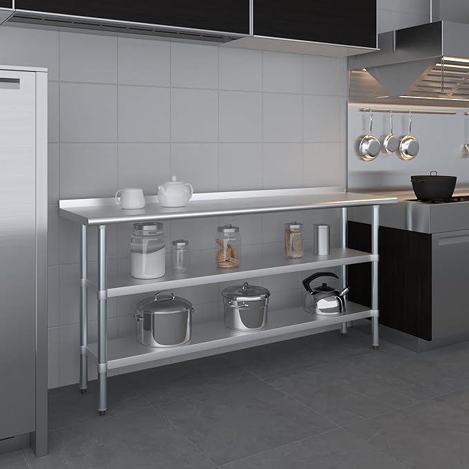 AmGood Stainless Steel Work Table with 1.5" Backsplash and 2 Shelves | Metal Kitchen Food Prep Table | NSF (72" Long x 18" Deep)