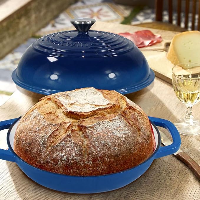 Enameled Cast Iron Bread Oven, 6 Quart Dutch Oven for Bread Sourdough Baking, 11" Thick Enamel Bread Baking Pan Kit with Lid for Stews, Roasts and Gifts for Family, Blue