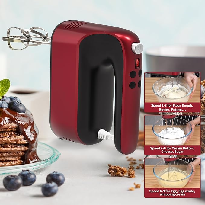 9-Speed Digital Hand Mixer Electric, 400W Powerful DC Motor, Hand Mixer Electric Handheld with Snap-On Storage Case, 5 Stainless Steel Accessories, Beaters, Dough Hooks, Whisk(Red)