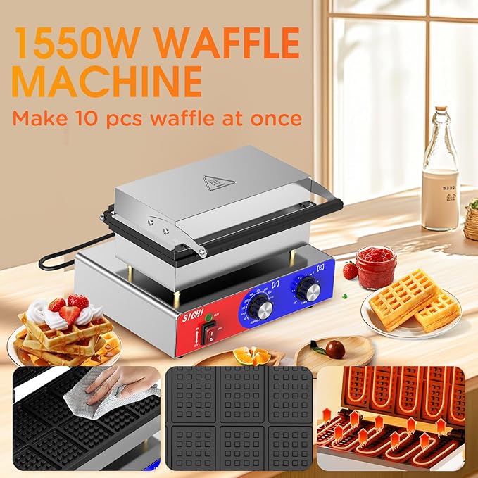Square Waffle Maker - Commercial Waffle Iron w/Non-stick Baking Pans, 550 ℉ Temperature and Timers, 1550W Hotel Waffle Machine for Double Baking, Professional Stainless Steel Waffle Maker