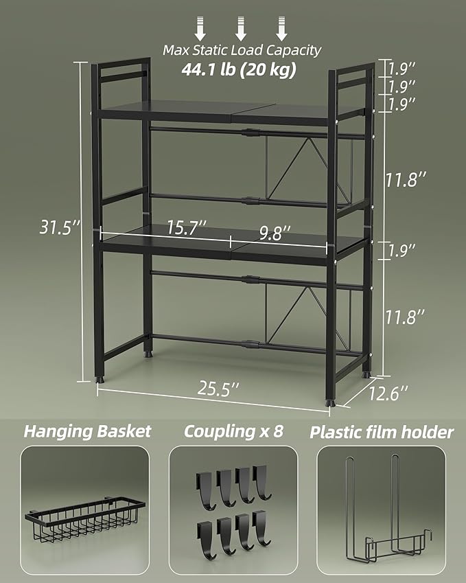 NETEL Expandable Microwave Stand,3 Tier Metal Kitchen Countertop Organizer Shelves with Paper Towel Holder and Baskets,Bakers Rack,Microwave Shelf,Microwave Oven Rack,110lbs Weight Capacity
