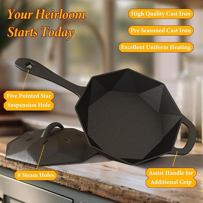 Dual-Layer Wood Stove Steamer/Humidifier + 6.5 Inch Octagon Cast Iron Skillet with Lid β Multi-Functional for Steaming, Frying, Baking & Stove