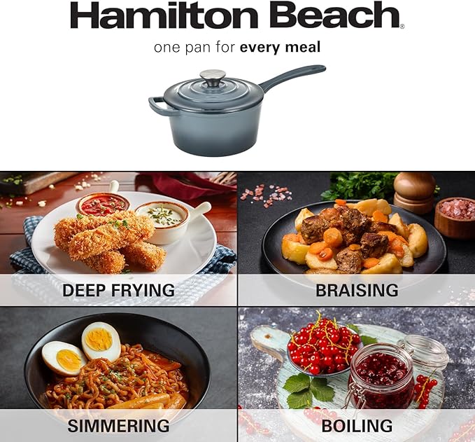 Hamilton Beach Enameled Cast Iron Sauce Pan 2-Quart Slate, Cream Enamel coating, Pot For Stove top and Oven Cooking, Even Heat Distribution, Safe Up to 400 Degrees, Durable