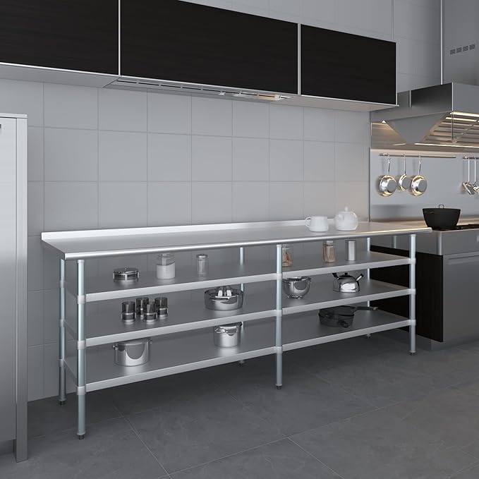 AmGood Stainless Steel Work Table with 1.5" Backsplash and 3 Shelves | Metal Kitchen Food Prep Table | NSF (96" Long x 24" Deep)