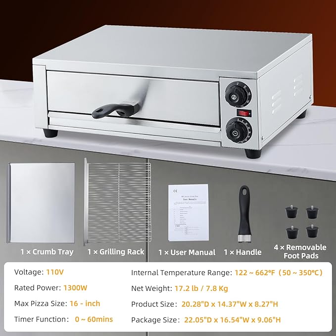 GarveeHome Electric Pizza Oven Indoor, 16 in Countertop Commercial Pizza Oven with Grilling Rack, Crumb Tray, Handle and Feet Pads, Stainless Steel Pizza Baking Machine for Home and Restaurant