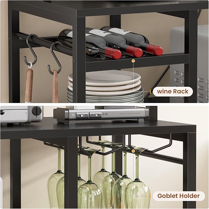 Itaar Bakers Rack with Power Outlet and LED Light, 47.2'' Microwave Stand with Storage, Kitchen Coffee Bar Cabinet with Glass Door, 4 Drawer, Wine Rack, Goblet Holder and 12 Hooks, Black