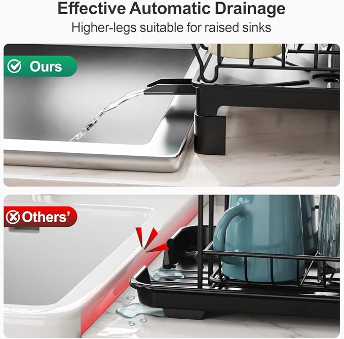 GSlife Small Dish Drying Rack for Kitchen Counter with Sponge Holder - Compact Dish Drainer for RV, Camper and Apartment, Rust-Resistant Wire Rack with Drainboard & Utensil Holder (Black)