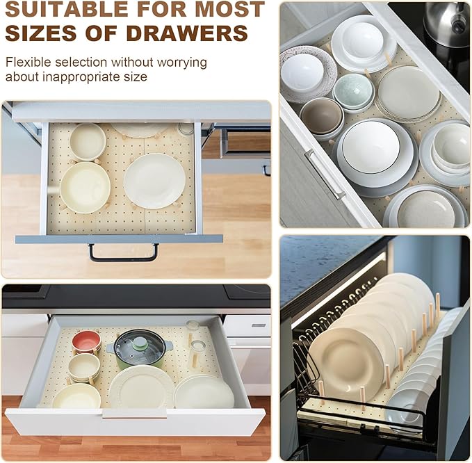 Kigley 3 Pcs Wood Pegboard Drawer Organizer with 32 Pegs Wooden Peg Board Drawer Shelf Organizer Adjustable Peg System for Dishes Plate Pot Container Cookware Utensil Kitchen(20.98 x 5.91 in)