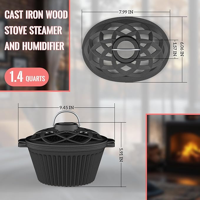 Wood Stove Steamer & Cast Iron Humidifier, 1.4 Qt Fireplace Simmer Pot with Cast Iron Trivet, Dual-Layer Design for Steaming, Humidifying and Stove Protection (Ellipse-1)