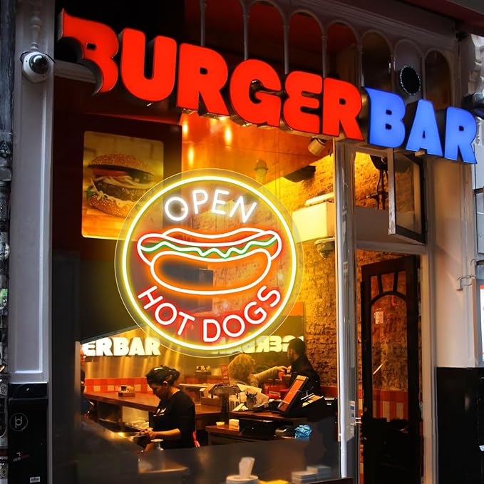 Open Hot Dogs Neon Signs Dimmable LED Neon Lights for Restaurant Business Signs for Fast Food Shops Accessories Light Up Sign for Snack Bar Wall Decor