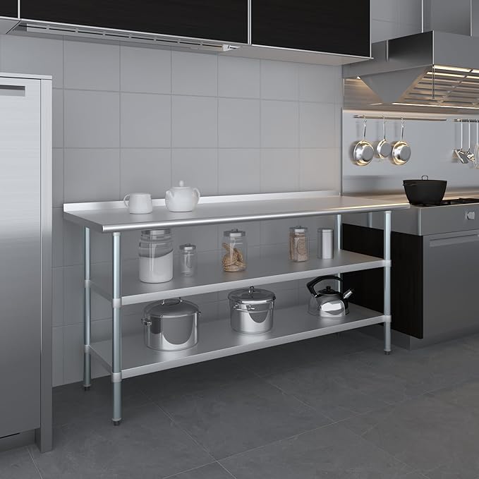 AmGood Stainless Steel Work Table with 1.5" Backsplash and 2 Shelves | Metal Kitchen Food Prep Table | NSF (72" Long x 24" Deep)