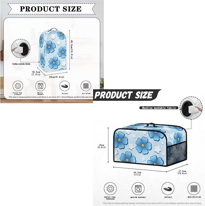 Blue Floral 2 Slice Toaster Cover Small Appliance Cover 3-Pcs Set,Bread Toaster , Blender and Slow Cooker Dust and Fingerprint Protection, Machine Washable Kitchen Decor (Blue)